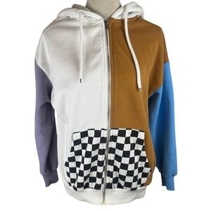 Forever 21 Colorblock Zip Up Hoodie Checkered Pocket White Brown Blue L